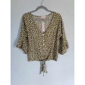 C+D+M Women's XL Button Tie 3/4" Sleeve Top Blouse Polyester Cotton NEW